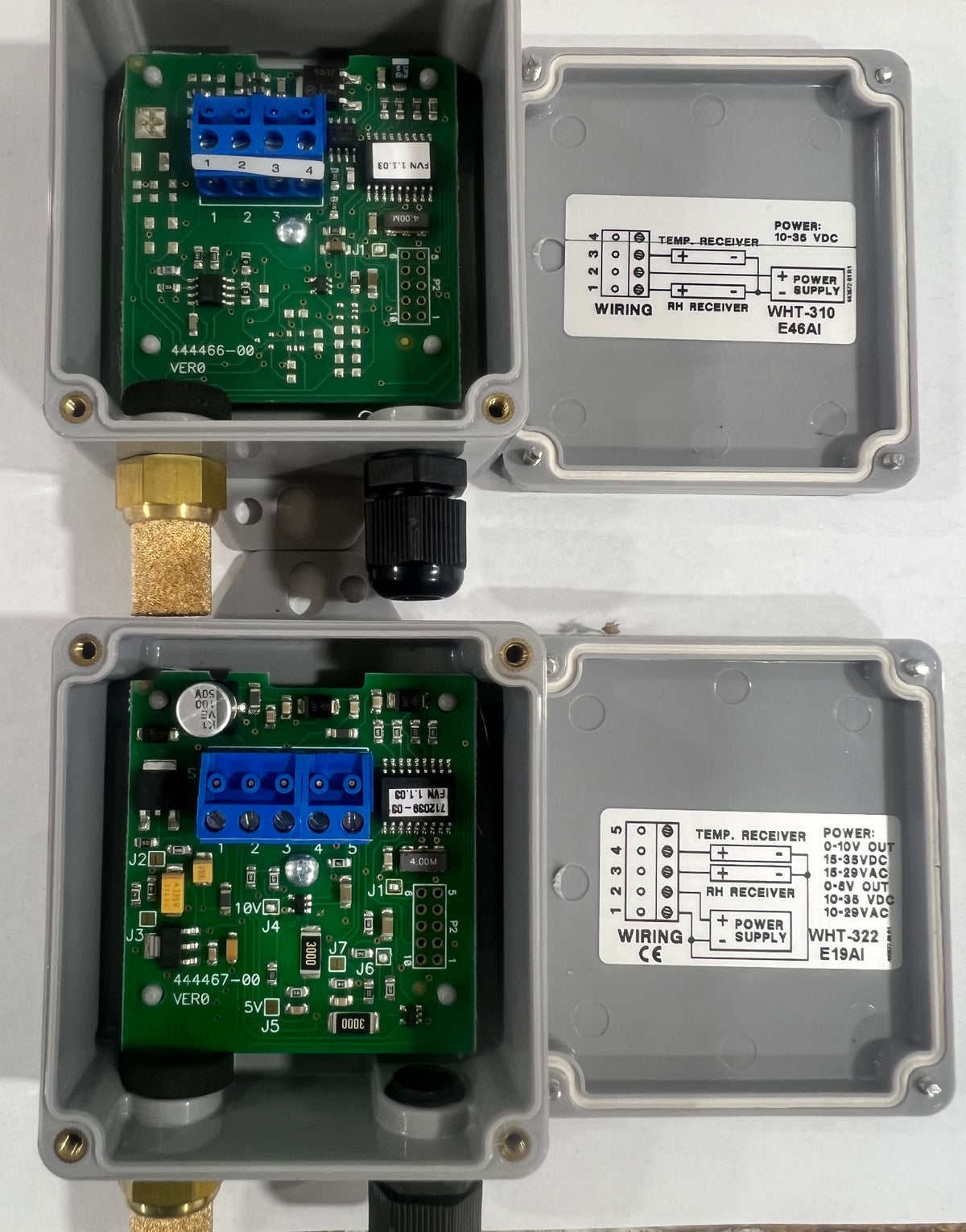 DWYER WHT-310 and WHT-322 humidity transmitter boards with wiring diagrams